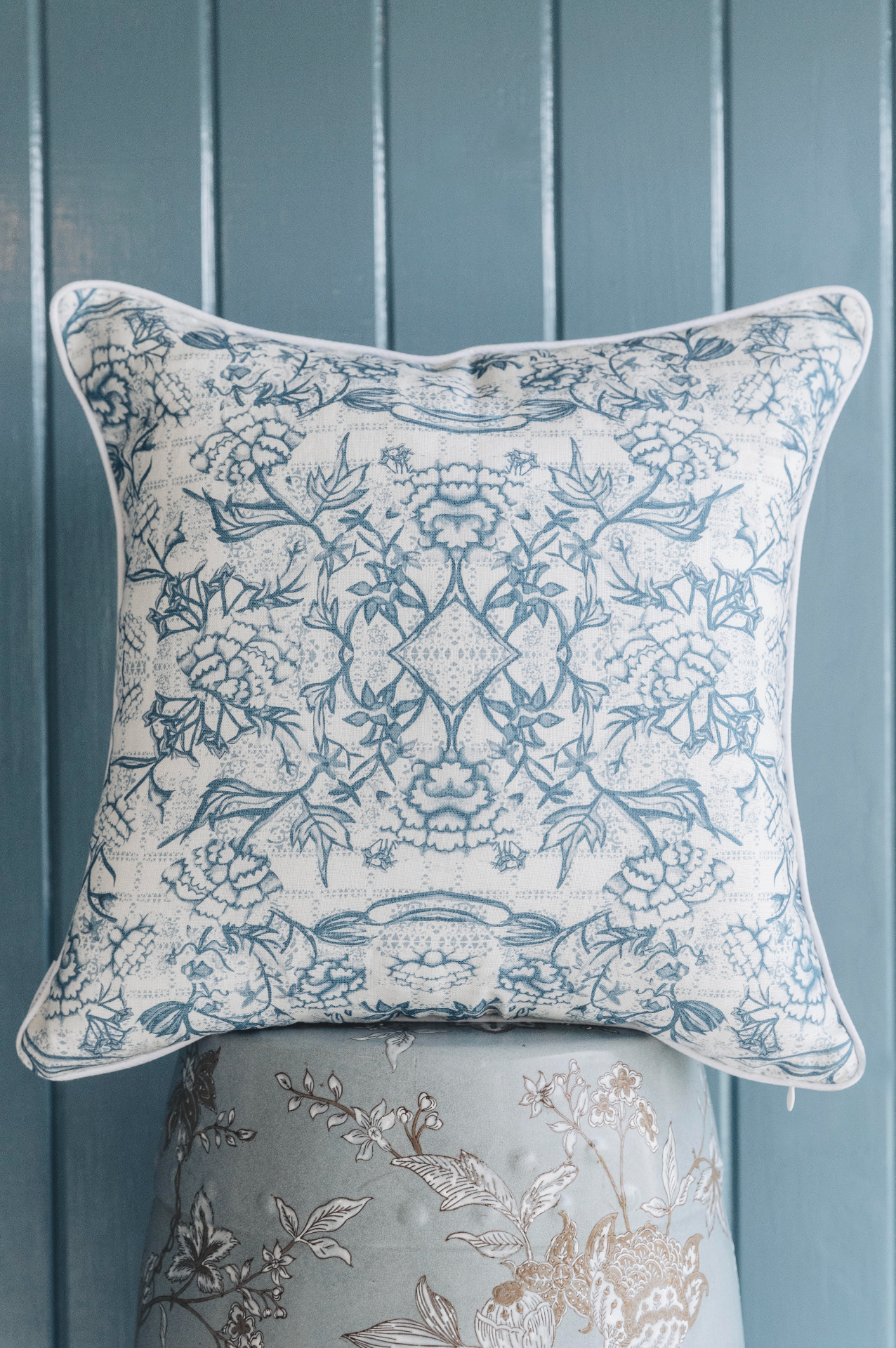 Navy Peonia Organic Linen Cushion