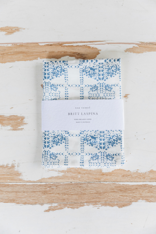 Navy Geo Organic Linen Tea Towel