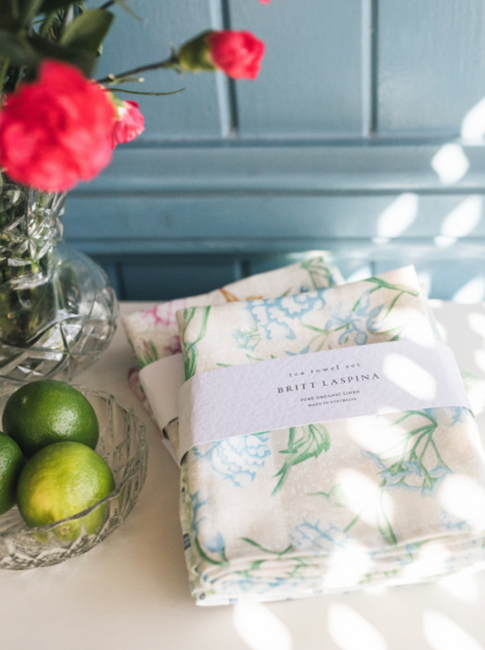 Blue Peonia Organic Linen Tea Towel